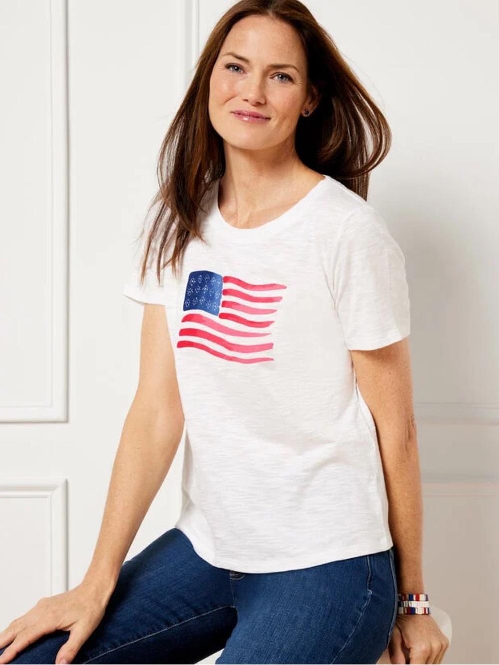 TALBOTS White Cotton Crewneck American Flag Short Sleeve Tee